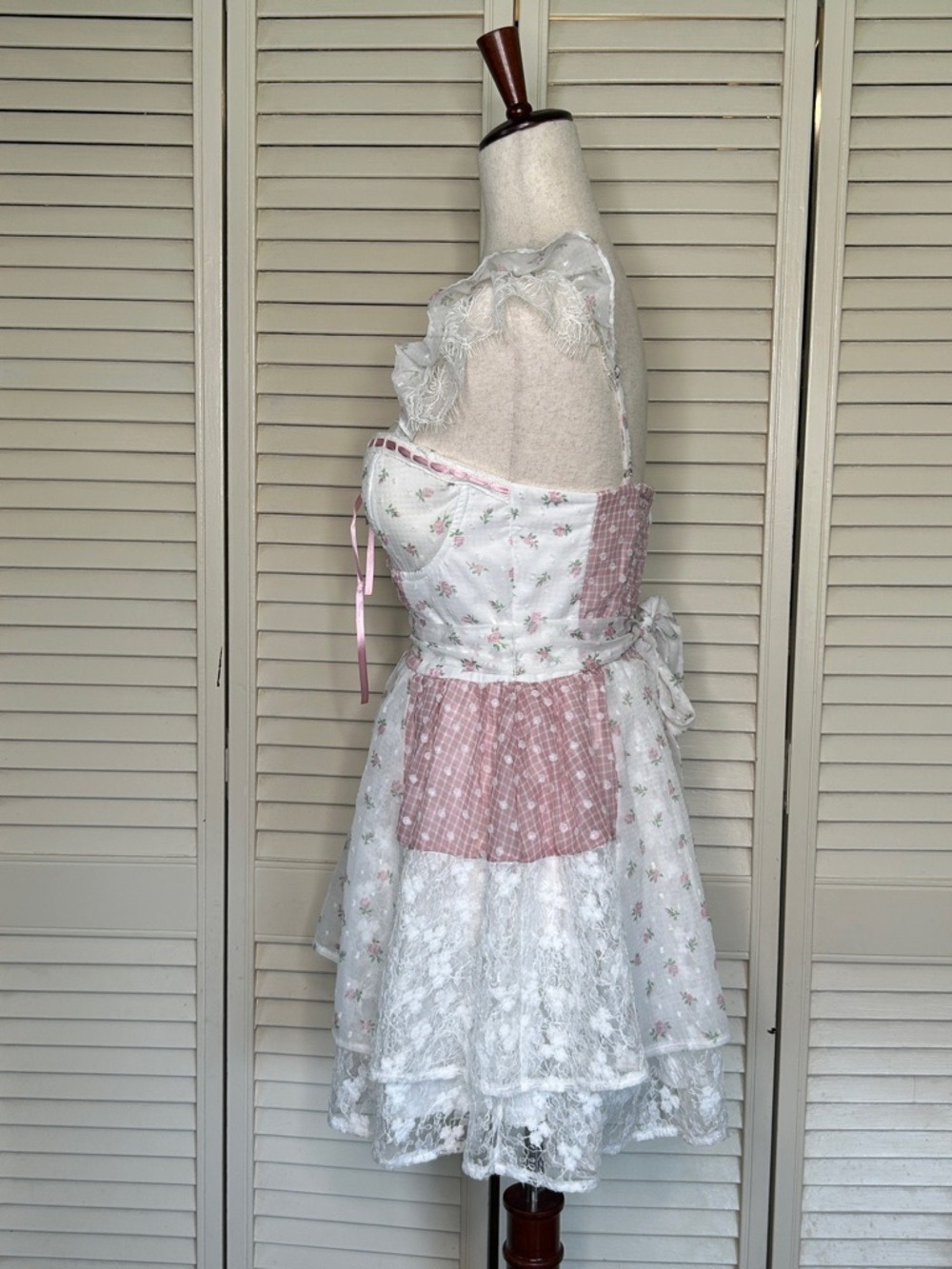 Altar'd State Pink & White Floral Gingham Ruffle Chemise - Picture 4 of 8